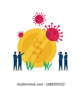 Business flat vector concept corona virus eat coin metaphor of loss and investment. Illustration For Wallpaper, Banner, Background, Infographic, Book, And Web Landing Page.