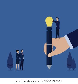 Business flat vector concept employee give idea to pen held by hand metaphor of idea concept. Illustration For Wallpaper, Banner, Background, Infographic, Book Illustration, And Web Landing Page.