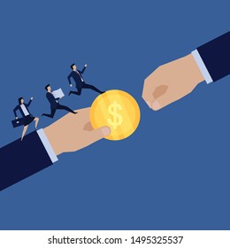 Business flat vector concept hand give coin to other and team run bring papers metaphor of working together. Illustration For Wallpaper, Banner, Background, Infographic, Book Illustration, And Web Lan