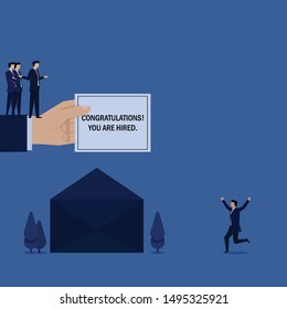 Business flat vector concept hand hold letter from email and man happy for hired. Illustration For Wallpaper, Banner, Background, Infographic, Book Illustration, And Web Landing Page.