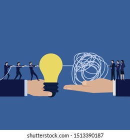 Business flat vector concept hand hold idea and other hold tangled string metaphor of problem solving and solution. Illustration For Wallpaper, Banner, Background, Infographic, Book Illustration.