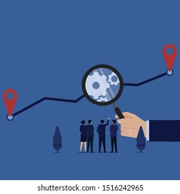 Business flat vector concept hand hold magnify to scale up the chart metaphor of process analysis. Illustration For Wallpaper, Banner, Background, Infographic, Book Illustration, And Web Landing Page.
