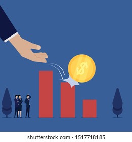 Business flat vector concept hand drop coin climb down the bar chart metaphor of loss. Illustration For Wallpaper, Banner, Background, Infographic, Book Illustration, And Web Landing Page.