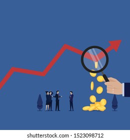 Business flat vector concept hand hold magnify team discuss about chart metaphor of loss analysis. Illustration For Wallpaper, Banner, Background, Infographic, Book, And Web Landing Page.