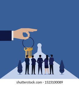 Business flat vector concept hand hold keys and team see keyhole metaphor of decision. Illustration For Wallpaper, Banner, Background, Infographic, Book, And Web Landing Page.