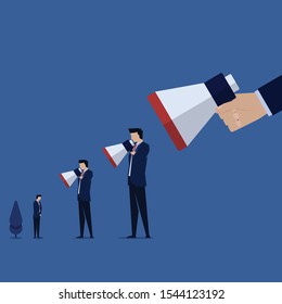 Business flat vector concept hand hold megaphone to other man metaphor of blaming else. Illustration For Wallpaper, Banner, Background, Infographic, Book, And Web Landing Page.