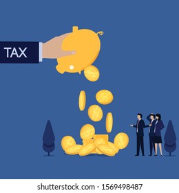 Business flat vector concept hand hold piggy bank throw all coins metaphor of tax. Illustration For Wallpaper, Banner, Background, Infographic, Book, And Web Landing Page.