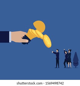 Business flat vector concept hand hold lamp and coins fall from it metaphor of ideas value. Illustration For Wallpaper, Banner, Background, Infographic, Book, And Web Landing Page.