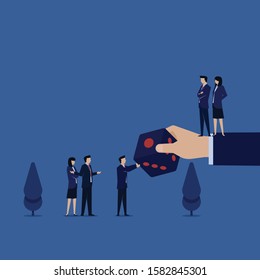 Business flat vector concept hand give dice to team metaphor of opportunity. Illustration For Wallpaper, Banner, Background, Infographic, Book, And Web Landing Page.