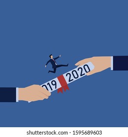 Business flat vector concept hand give contract with text 2019 and 2020 and man run above it metaphor of new year change. Illustration For Wallpaper, Banner, Background, Infographic, Book, And Web.