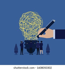 Business flat vector concept hand draw tangled thread above lamp metaphor of problem solving. Illustration For Wallpaper, Banner, Background, Infographic, Book, And Web Landing Page.