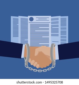 Business flat vector concept handshake and hung by handcuffs in front of contract papers metaphor of contract binding. Illustration For Wallpaper, Banner, Background, Infographic, Book Illustration