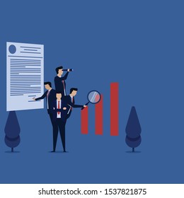 Business flat vector concept man hold magnify, telescope and pen for sign metaphor of multitasking. Illustration For Wallpaper, Banner, Background, Infographic, Book, And Web Landing Page.