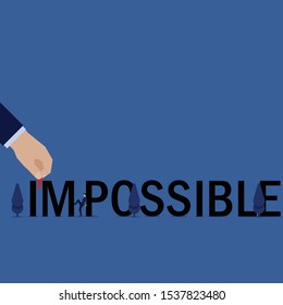 Business Flat Vector Concept Man Push I'm Word From Possible Metaphor Of Nothing Is Impossible. Illustration For Wallpaper, Banner, Background, Infographic, Book, And Web Landing Page.