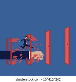 Business flat vector concept man run through break the door metaphor of break the rules. Illustration For Wallpaper, Banner, Background, Infographic, Book, And Web Landing Page.