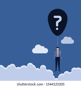 Business Flat Vector Concept Man Wrapped Around A Balloon String With Question Mark Metaphor Of Problem. Illustration For Wallpaper, Banner, Background, Infographic, Book, And Web Landing Page.