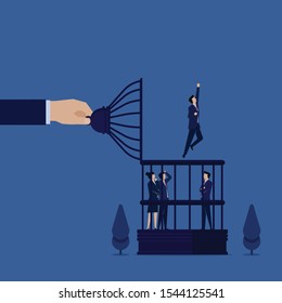 Business flat vector concept man fly out from bird cage metaphor of freedom. Illustration For Wallpaper, Banner, Background, Infographic, Book, And Web Landing Page.vv