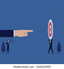 Business flat vector concept man hold target for manager to aim with arrow metaphor of provide target. Illustration For Wallpaper, Banner, Background, Infographic, Book, And Web Landing Page.