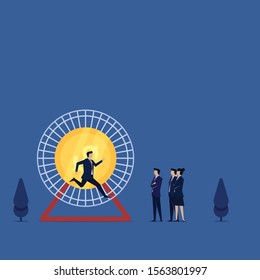 Business flat vector concept man run on rodent squirrel roll toy with coin on background metaphor of hard work. Illustration For Wallpaper, Banner, Background, Infographic, Book, And Web Landing Page.