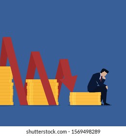 Business flat vector concept man sit pensively for down chart metaphor of loss. Illustration For Wallpaper, Banner, Background, Infographic, Book, And Web Landing Page.