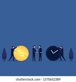 Business flat vector concept man push coin and clock for exchange metaphor of valuable time. Illustration For Wallpaper, Banner, Background, Infographic, Book, And Web Landing Page.