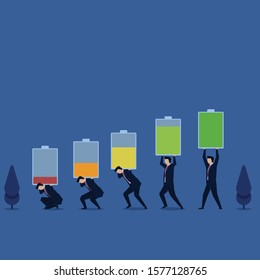 Business flat vector concept man carry battery power from low to full metaphor of business energy. Illustration For Wallpaper, Banner, Background, Infographic, Book, And Web Landing Page.