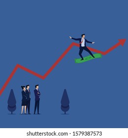 Business flat vector concept man surfing with dollar with grow up arrow on the background, metaphor of growth and sales. Illustration For Wallpaper, Banner, Background, Infographic, Book, And Web.
