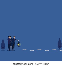 Business flat vector concept man bring old lamp to find money footprint metaphor of ways of earning. Illustration For Wallpaper, Banner, Background, Infographic, Book, And Web Landing Page.