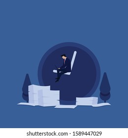 Business flat vector concept man work with laptop with clock on background and papers around metaphor of work hours. Illustration For Wallpaper, Banner, Background, Infographic, Book, And Web Landing.