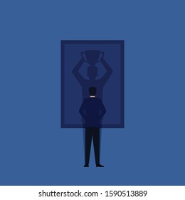 Business flat vector concept man stand and see winner shadow on frame metaphor of self taught and trust. Illustration For Wallpaper, Banner, Background, Infographic, Book, And Web Landing Page.