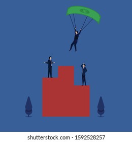 Business flat vector concept man skydiving with dollar to the podium metaphor of corruption and money politic. Illustration For Wallpaper, Banner, Background, Infographic, Book, And Web Landing Page.