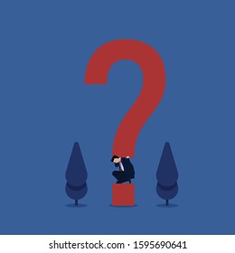 Business flat vector concept man shouldered question mark metaphor of value of question. Illustration For Wallpaper, Banner, Background, Infographic, Book, And Web Landing Page.