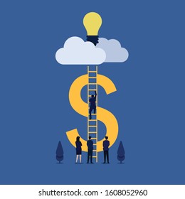 Business flat vector concept man climb ladder to cloud to take idea metaphor of online idea. Illustration For Wallpaper, Banner, Background, Infographic, Book, And Web Landing Page.