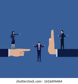Business flat vector concept man standing between two people metaphor of confrontation and negotiation. Illustration For Wallpaper, Banner, Background, Infographic, Book, And Web Landing Page.