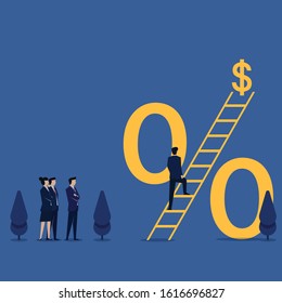 Business flat vector concept man climb stair with percent to dollar metaphor of discount. Illustration For Wallpaper, Banner, Background, Infographic, Book, And Web Landing Page.