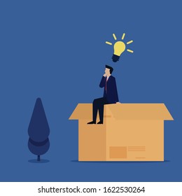 Business flat vector concept man sit on box and think metaphor of think out of the box. Illustration For Wallpaper, Banner, Background, Infographic, Book, And Web Landing Page.
