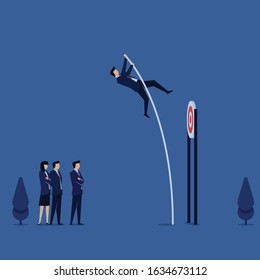 Business flat vector concept man jumping use pole vault over target metaphor of exceeding the target. Illustration For Wallpaper, Banner, Background, Infographic, Book, And Web Landing Page.