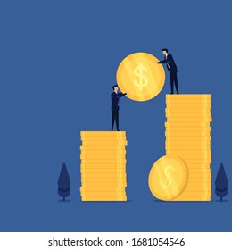 El hombre de concepto de vector plano de negocio con posición más alta da moneda a otra metáfora de ayuda. Ilustración De Papel De Fondo, Banner, Fondo, Infografía, Libro Y Página De Aterrizaje Web.