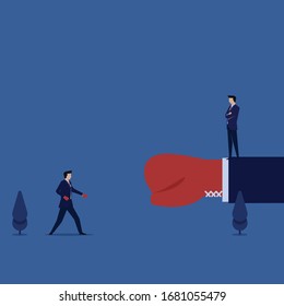 El hombre de concepto de vector plano de negocio con gran lucha contra la metáfora del pequeño hombre del riesgo y el azar. Ilustración De Papel De Fondo, Banner, Fondo, Infografía, Libro Y Página De Aterrizaje Web.