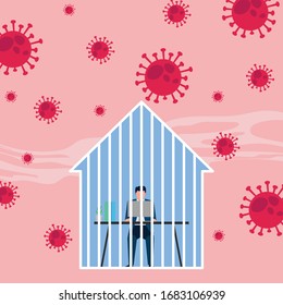 Business flat vector concept man work on home because corona virus spread everywhere. Illustration For Wallpaper, Banner, Background, Infographic, Book, And Web Landing Page.