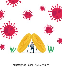 Business flat vector concept man work under two coins metaphor of poor people under corona virus attack. Illustration For Wallpaper, Banner, Background, Infographic, Book, And Web Landing Page.
