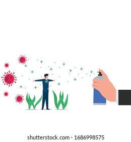 Business flat vector concept man sprayed by disinfectant to avoid corona virus. Illustration For Wallpaper, Banner, Background, Infographic, Book, And Web Landing Page.