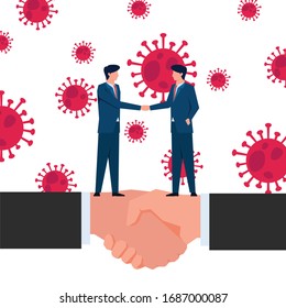 Business flat vector concept man handshake and spread corona virus. Illustration For Wallpaper, Banner, Background, Infographic, Book, And Web Landing Page.