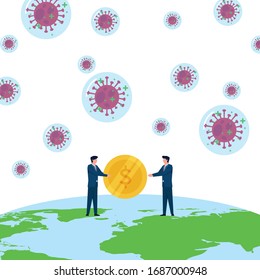 Business flat vector concept man give coin to other when corona virus ends metaphor of funds and raise. Illustration For Wallpaper, Banner, Background, Infographic, Book, And Web Landing Page.