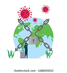 Business flat vector concept man confuse because lock down at world corona pandemic. Illustration For Wallpaper, Banner, Background, Infographic, Book, And Web Landing Page.