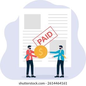 Business flat vector concept man give coin to bank manager to redeem confiscated house metaphor of pay debt. Illustration For Wallpaper, Banner, Background, Infographic, Book, And Web Landing Page.

