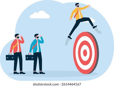 Business flat vector concept man jumping use pole vault over target metaphor of exceeding the target. Illustration For Wallpaper, Banner, Background, Infographic, Book, And Web Landing Page.

