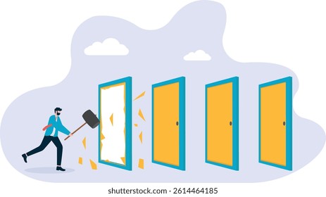 Business flat vector concept man run through break the door metaphor of break the rules. Illustration For Wallpaper, Banner, Background, Infographic, Book, And Web Landing Page.

