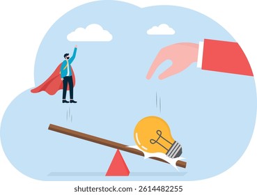Business flat vector concept man bounced off the seesaw because dropped idea metaphor of idea value. Illustration For Wallpaper, Banner, Background, Infographic, Book, And Web Landing Page.

