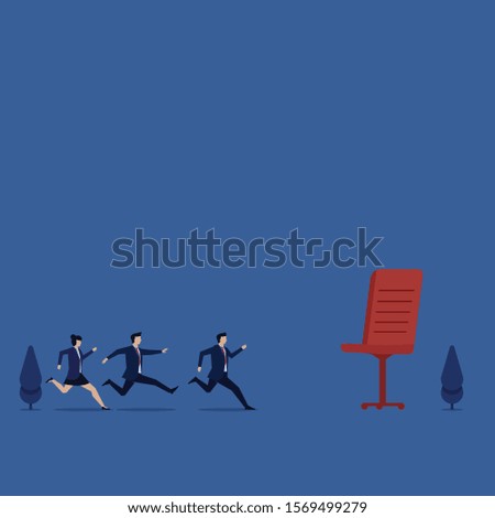 Business flat vector concept man and woman run to chair metaphor of competition and promotion. Illustration For Wallpaper, Banner, Background, Infographic, Book, And Web Landing Page.